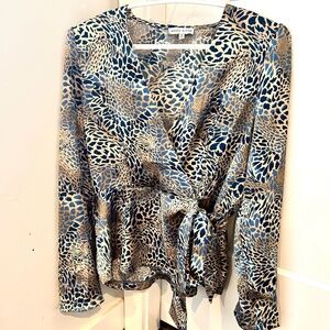 Pretty Beige/Cream Satin Waist-Tie Blouse Shirt with Blue and Navy Leopard Print